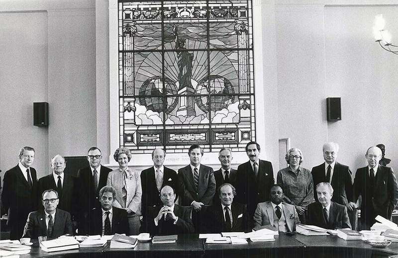 Roger W. Wilkins, first row, second from left, with other members of the 1981 Pulitzer Prize Board. front row, left to right: John Cowles Jr., Wilkins, Michael I. Sovern, Joseph Pulitzer Jr. (III), William Raspberry, Lee Hills; back row, left to right: Richard T. Baker, Euegene Patterson, Richard H. Leonard, Charlotte Saikowski, Osborn Elliott, John Hughes, Howard H. Hays, Warren H. Phillips, Hanna H. Gray, Clayton Kirkpatrick, Thomas Winship (Pulitzer Prize Board)